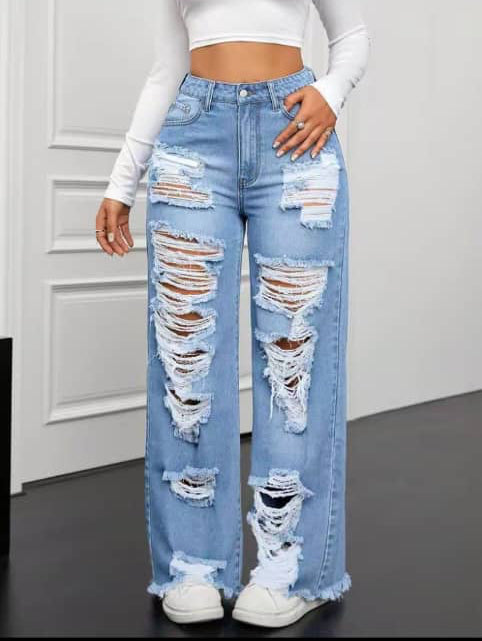 Ladies high waist baggy ripped jeans